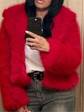 Red Faux Fur Women's Jacket - Luxury Statement Coat